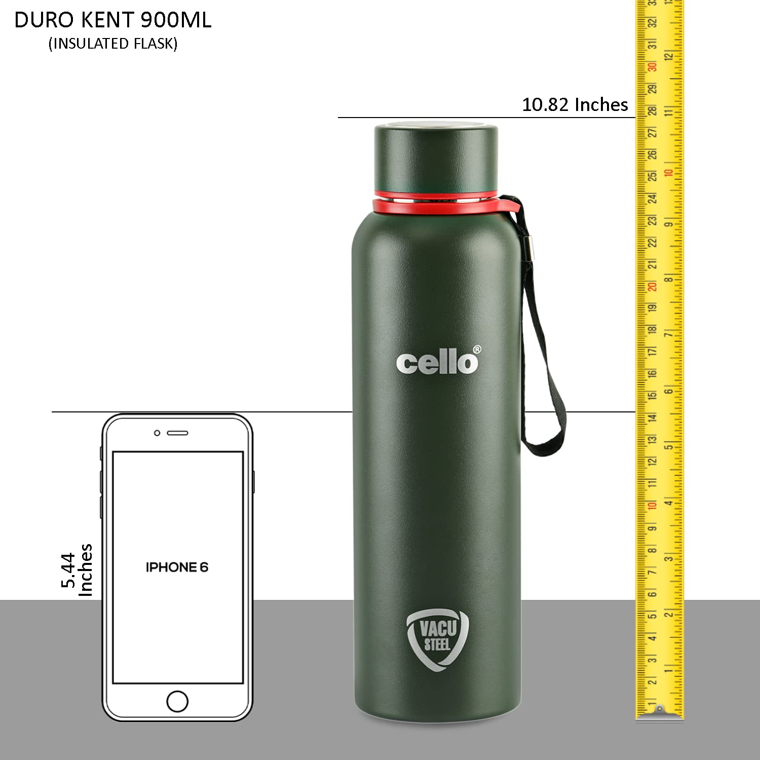 Cello Duro Kent Thermosteel Flask with DTP Coating, 900ml, Military Green | 24 Hours Hot and Cold Stainless Steel Bottle | Flask